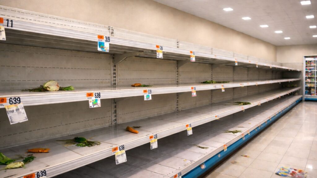 Krisis Global dan Dampaknya bagi Rumah Tangga: Apa yang Perlu Dilakukan Masyarakat 1 rak supermarket kosong akibat panic buying di tengah kekhawatiran krisis global